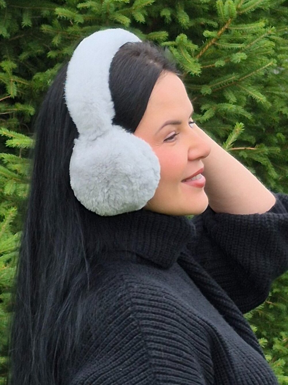 Light Gray Genuine Rabbit Fur Earmuffs, Real Fur Warm Plush Winter Head Warmers